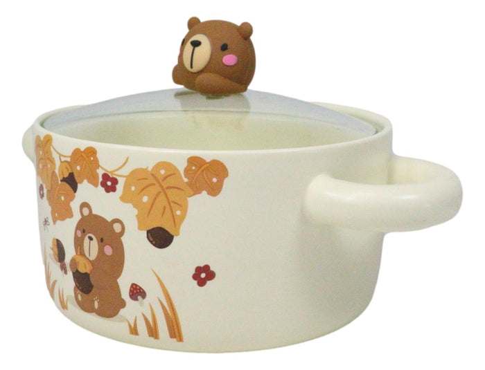 Ebros Gift Autumn Brown Bear With Acorns Donburi Ramen Soup Bowl With Glass Lid And Handles