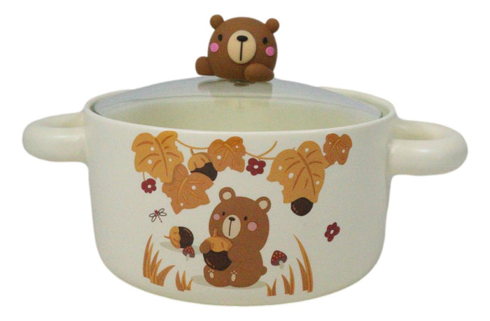 ebros gift Autumn Brown Bear With Acorns Donburi Ramen Soup Bowl With Glass Lid And Handles