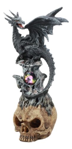 Ebros Gift Azureon Black Dragon Perching On Quartz Tower Alien Skull Statue Home Decor