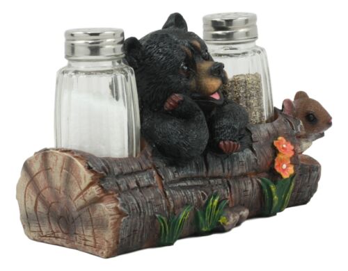 Ebros Gift Baby Bear Cub Sitting In Log With Squirrel Salt And Pepper Shakers Holder Statue