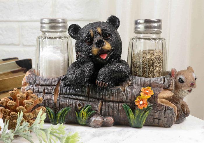 Ebros Gift Baby Bear Cub Sitting In Log With Squirrel Salt And Pepper Shakers Holder Statue
