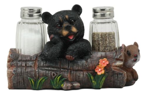 ebros gift Baby Bear Cub Sitting In Log With Squirrel Salt And Pepper Shakers Holder Statue