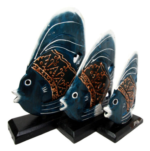 Ebros Gift Balinese Wood Handicrafts Blue Tropical Angel Fish Family Set Of 3 Figurines