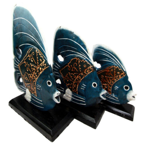 ebros gift Balinese Wood Handicrafts Blue Tropical Angel Fish Family Set of 3 Figurines
