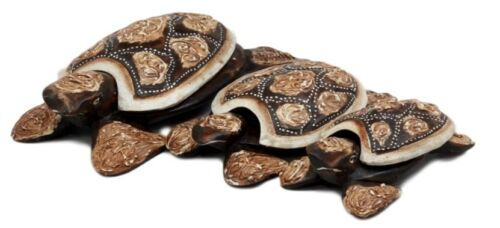 Ebros Gift Balinese Wood Handicrafts Carved Shell Turtle Family Ashtray Box Figurine Set
