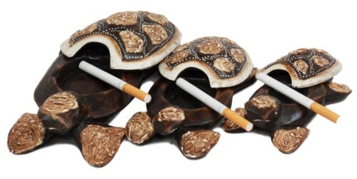 ebros gift Balinese Wood Handicrafts Carved Shell Turtle Family Ashtray Box Figurine Set