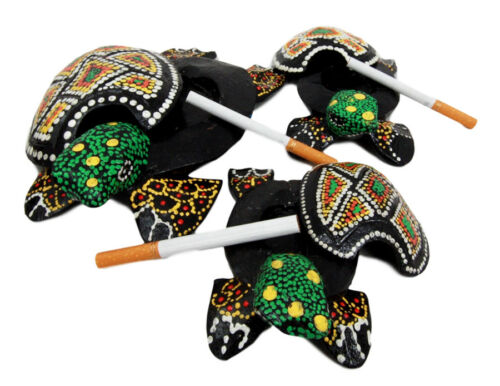 ebros gift Balinese Wood Handicrafts Green Turtle Family Ashtray Shell Box Figurine Set
