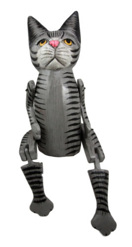 ebros gift Balinese Wood Handicrafts Grey Striped Coat Feline Cat Puppet Toy Figurine 17"H