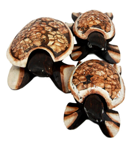 Ebros Gift Balinese Wood Handicrafts Sea Turtle Tortoise Family Ashtray Box Figurine Set
