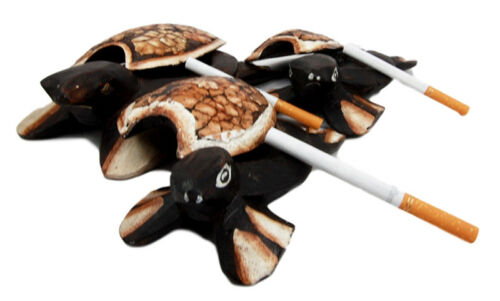 Ebros Gift Balinese Wood Handicrafts Sea Turtle Tortoise Family Ashtray Box Figurine Set