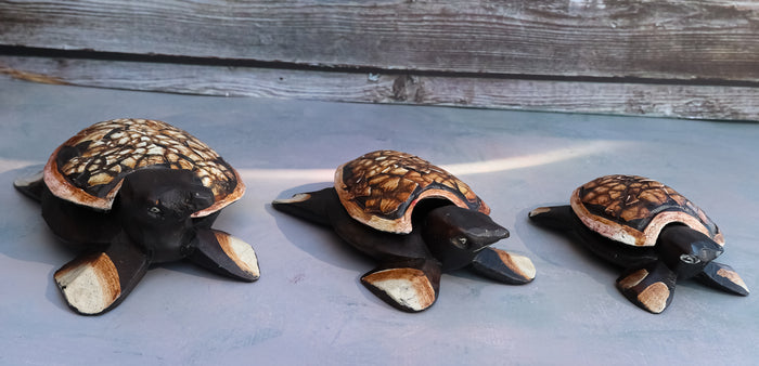 ebros gift Balinese Wood Handicrafts Sea Turtle Tortoise Family Ashtray Box Figurine Set