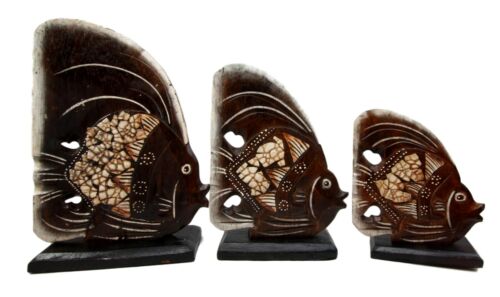 Ebros Gift Balinese Wood Handicrafts Tribal Patterned Angel Fish Family Set Of 3 Figurines