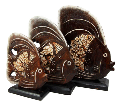 Ebros Gift Balinese Wood Handicrafts Tribal Patterned Angel Fish Family Set Of 3 Figurines