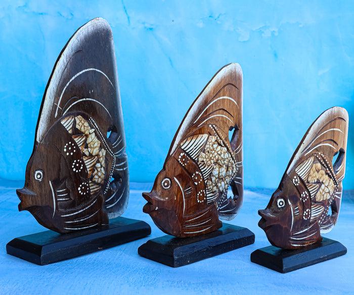 ebros gift Balinese Wood Handicrafts Tribal Patterned Angel Fish Family Set of 3 Figurines