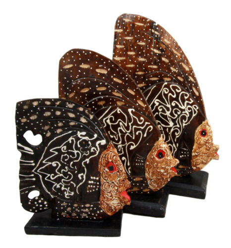 Ebros Gift Balinese Wood Handicrafts Tropical Batik Angel Fish Family Set Of 3 Figurines