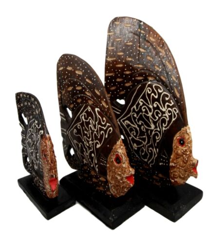 Ebros Gift Balinese Wood Handicrafts Tropical Batik Angel Fish Family Set Of 3 Figurines