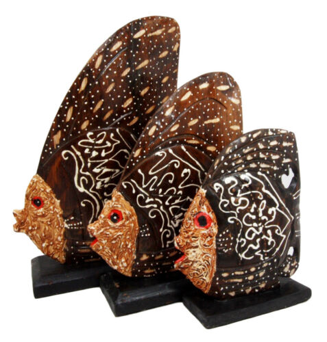 ebros gift Balinese Wood Handicrafts Tropical Batik Angel Fish Family Set of 3 Figurines