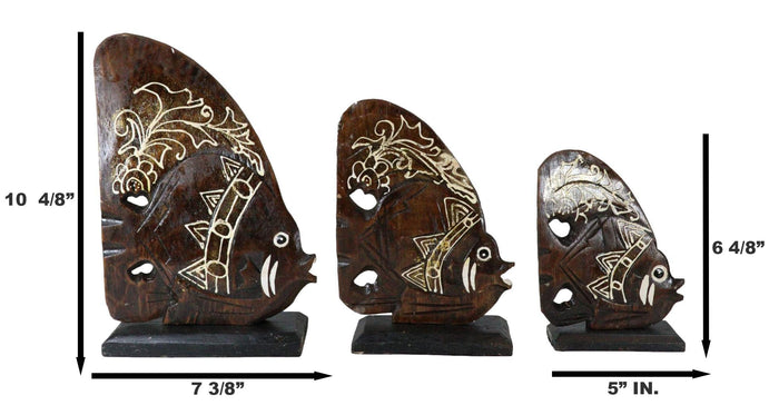 Ebros Gift Balinese Wood Handicrafts Tropical Crown Angel Fish Family Set Of 3 Figurines