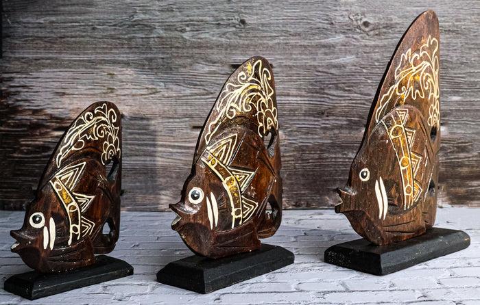 ebros gift Balinese Wood Handicrafts Tropical Crown Angel Fish Family Set of 3 Figurines