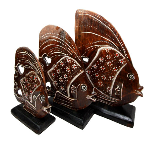 Ebros Gift Balinese Wood Handicrafts Tropical Floral Angel Fish Family Set Of 3 Figurines