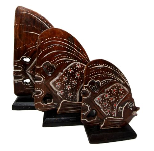Ebros Gift Balinese Wood Handicrafts Tropical Floral Angel Fish Family Set Of 3 Figurines