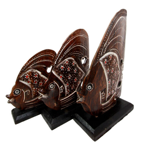 Ebros Gift Balinese Wood Handicrafts Tropical Floral Angel Fish Family Set Of 3 Figurines