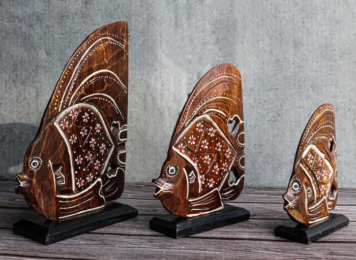 ebros gift Balinese Wood Handicrafts Tropical Floral Angel Fish Family Set of 3 Figurines