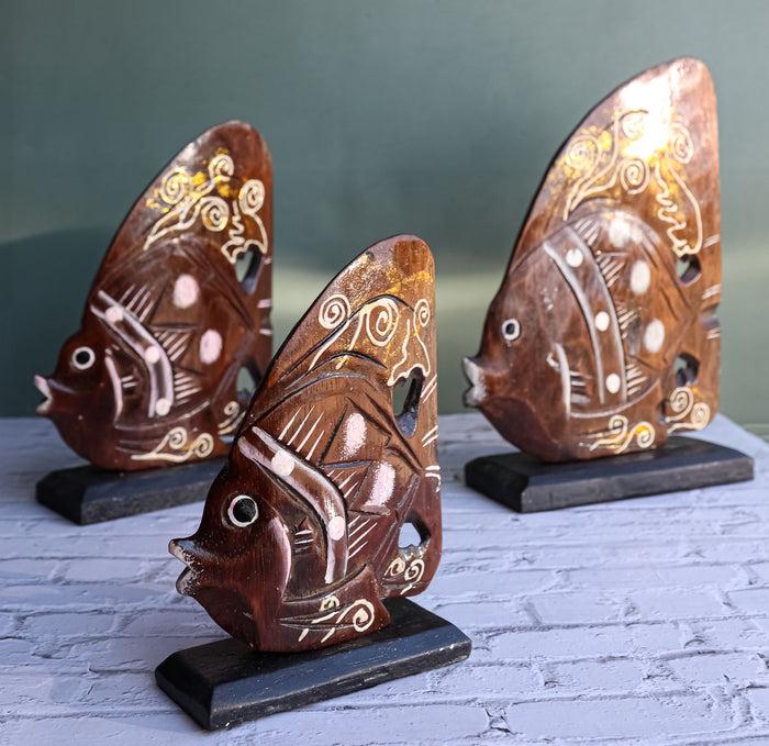 ebros gift Balinese Wood Handicrafts Tropical River Angel Fish Family Set of 3 Figurines
