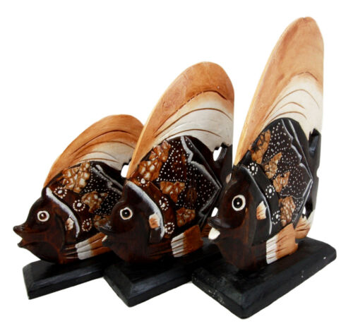 Ebros Gift Balinese Wood Handicrafts Tropical Solar Angel Fish Family Set Of 3 Figurines