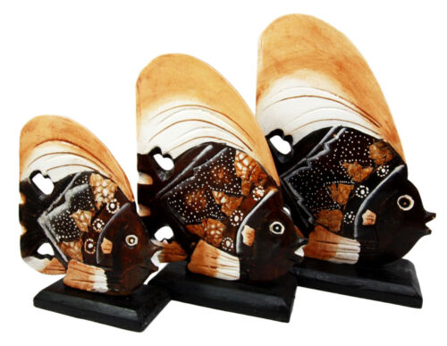 ebros gift Balinese Wood Handicrafts Tropical Solar Angel Fish Family Set of 3 Figurines