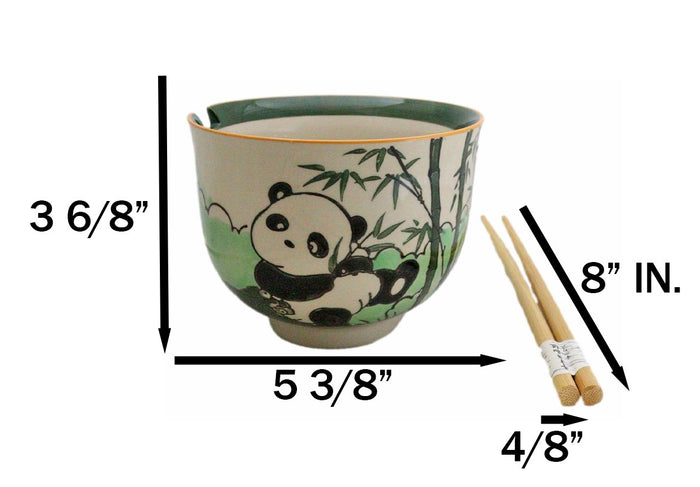 Ebros Gift Bamboo Forest Green Panda Bear Ceramic Donburi Ramen Bowl With Chopsticks Set