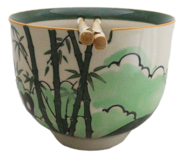 Ebros Gift Bamboo Forest Green Panda Bear Ceramic Donburi Ramen Bowl With Chopsticks Set