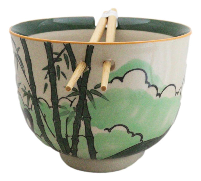 Ebros Gift Bamboo Forest Green Panda Bear Ceramic Donburi Ramen Bowl With Chopsticks Set