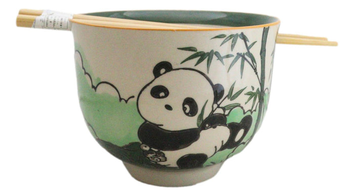 ebros gift Bamboo Forest Green Panda Bear Ceramic Donburi Ramen Bowl With Chopsticks Set