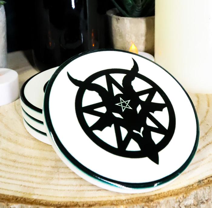 Ebros Gift Baphomet Sigil Pentagram Ceramic Coaster Set Of 4 Tiles With Cork Backing