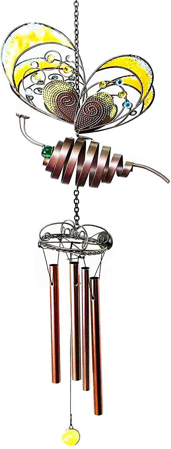Ebros Gift Beautiful Butterfly Mariposa Glass Gem Resonant Copper Wind Chime Garden Patio