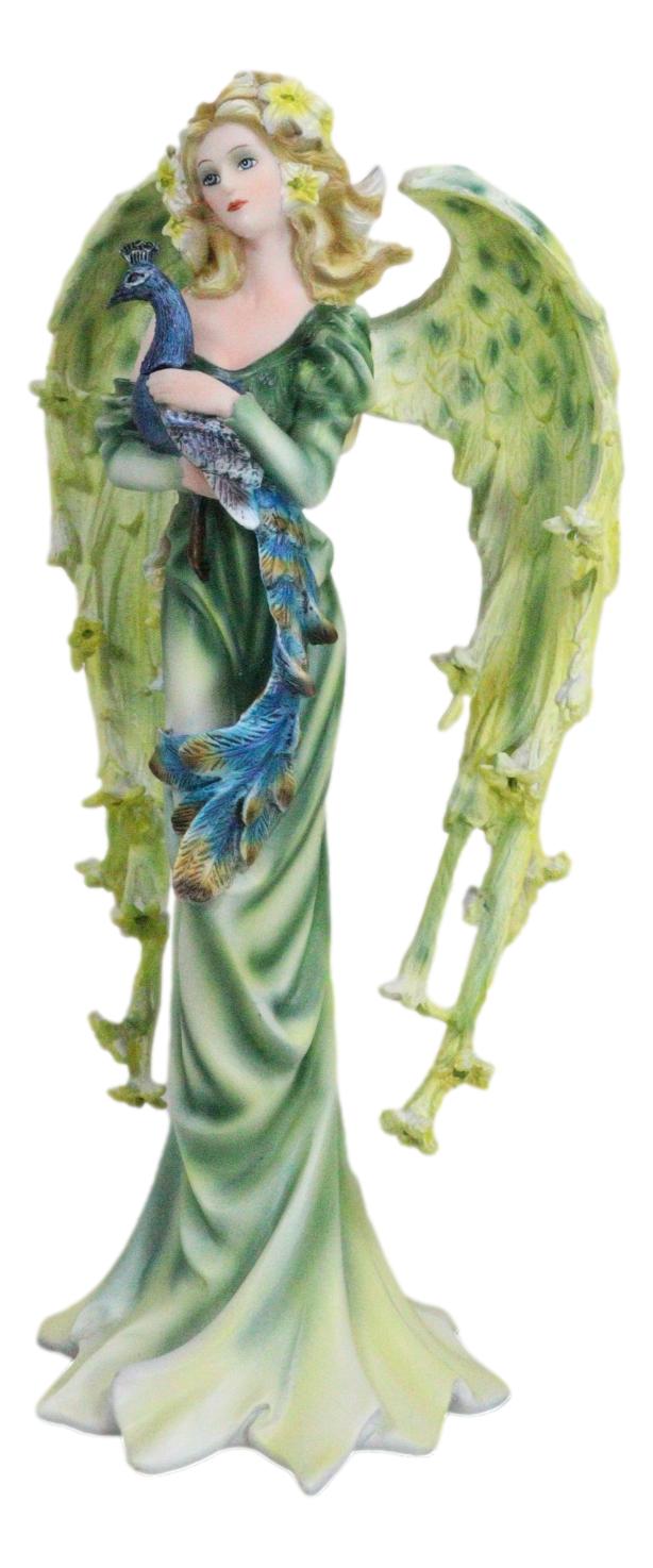 Ebros Gift Beautiful Green Fairy With Colorful Flowers Carrying A Blue Peacock Figurine