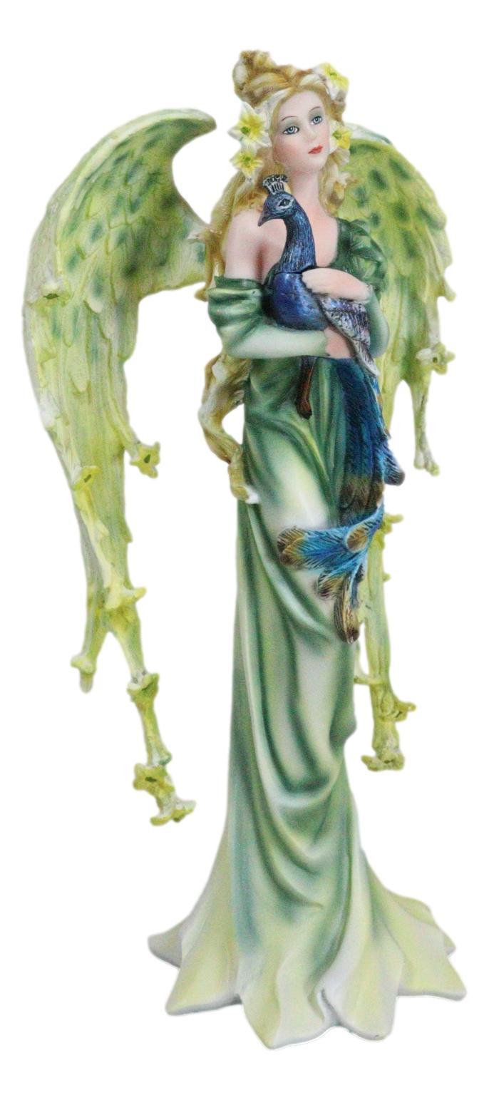 Ebros Gift Beautiful Green Fairy With Colorful Flowers Carrying A Blue Peacock Figurine