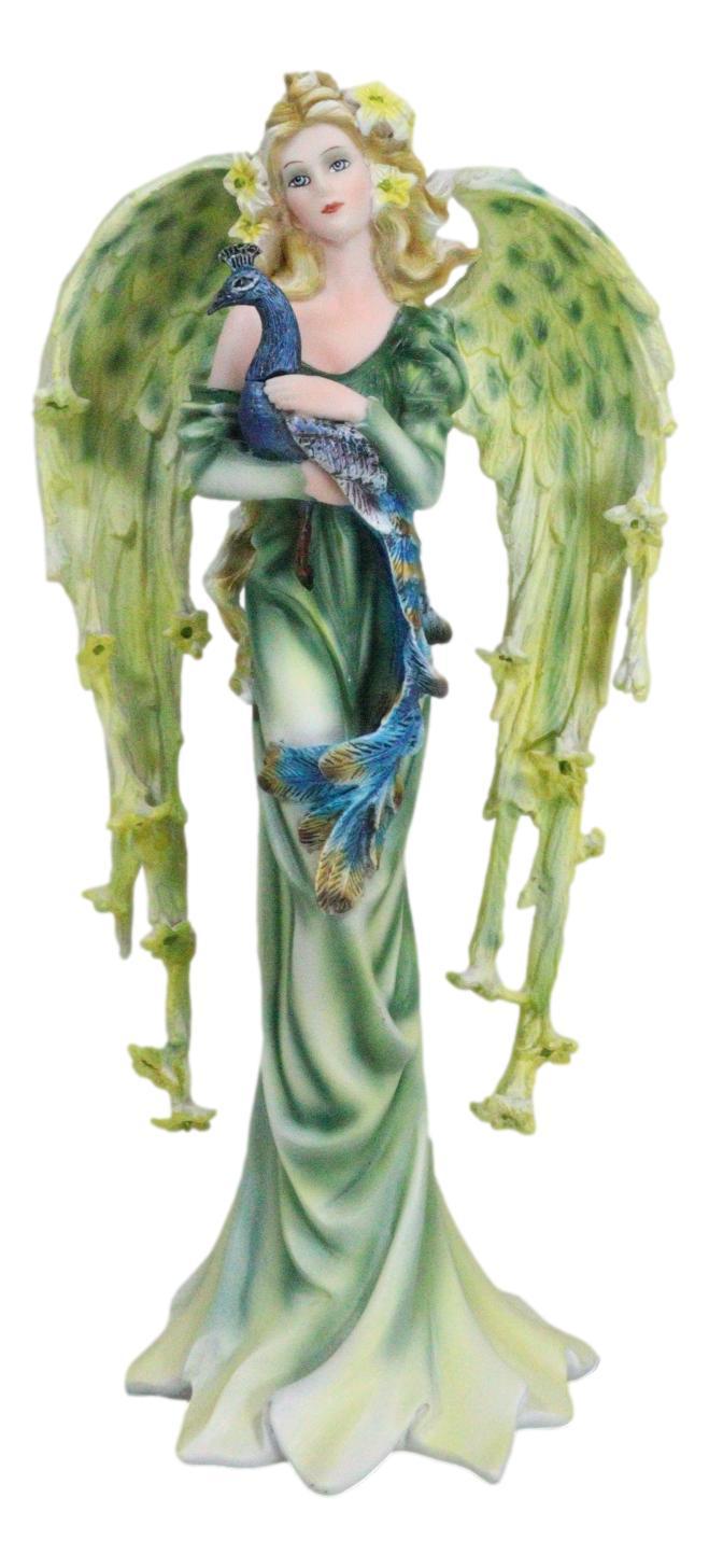ebros gift Beautiful Green Fairy With Colorful Flowers Carrying A Blue Peacock Figurine