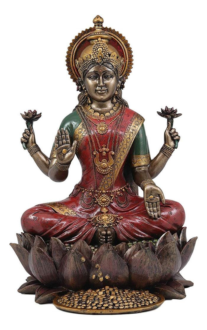 Ebros Gift Beautiful Large Hindu Goddess Lakshmi Sitting On Lotus Flower Statue 12.25"Tall