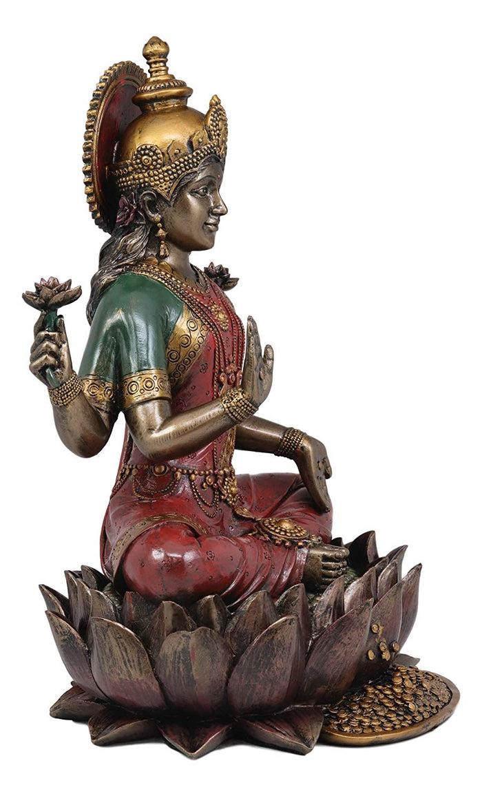 Ebros Gift Beautiful Large Hindu Goddess Lakshmi Sitting On Lotus Flower Statue 12.25"Tall