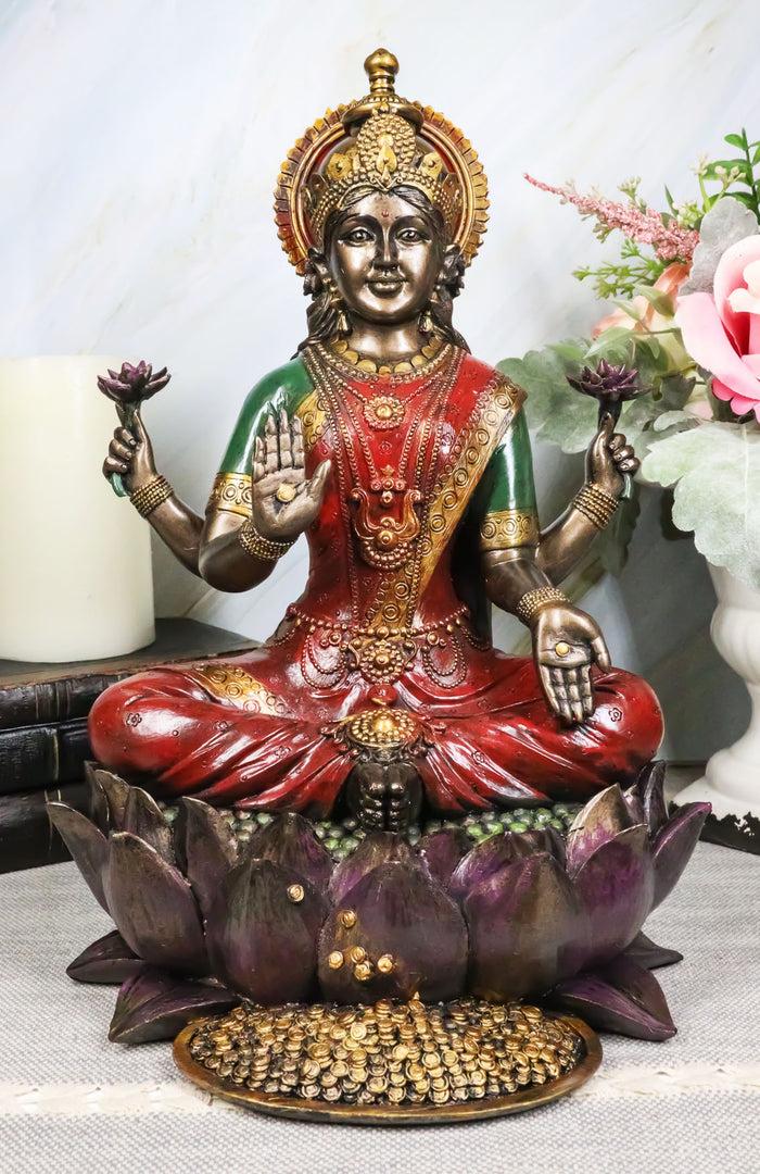 ebros gift Beautiful Large Hindu Goddess Lakshmi Sitting On Lotus Flower Statue 12.25"Tall