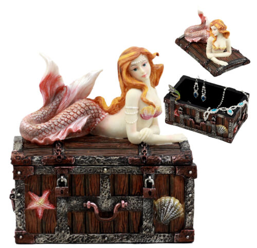 Ebros Gift Beautiful Mermaid Ariel Resting On Sunken Treasure Jewelry Box Figurine 5.25"L