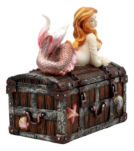 Ebros Gift Beautiful Mermaid Ariel Resting On Sunken Treasure Jewelry Box Figurine 5.25"L