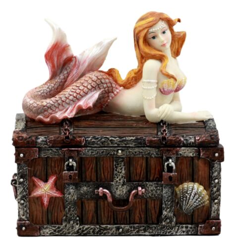 Ebros Gift Beautiful Mermaid Ariel Resting On Sunken Treasure Jewelry Box Figurine 5.25"L