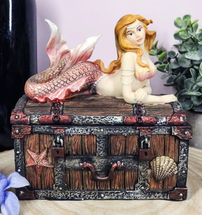 ebros gift Beautiful Mermaid Ariel Resting On Sunken Treasure Jewelry Box Figurine 5.25"L