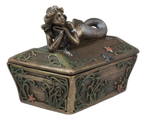 Ebros Gift Beautiful Mermaid Resting On Sunken Treasure Chest Trinket Jewelry Box Figurine