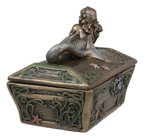 Ebros Gift Beautiful Mermaid Resting On Sunken Treasure Chest Trinket Jewelry Box Figurine