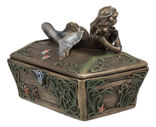 Ebros Gift Beautiful Mermaid Resting On Sunken Treasure Chest Trinket Jewelry Box Figurine