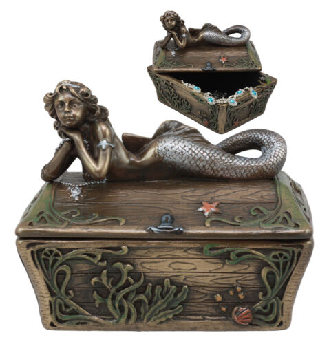 ebros gift Beautiful Mermaid Resting On Sunken Treasure Chest Trinket Jewelry Box Figurine
